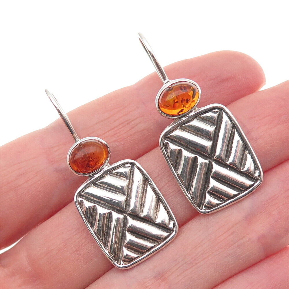 925 Sterling Silver Vintage Real Amber Modernist Oxidized Earrings